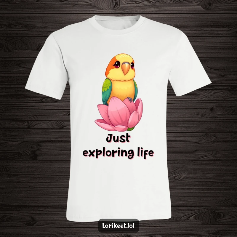 Funny T-Shirt showing a lorikeet with bright, curious eyes perching on a giant flower bud, full of cheerful humor.