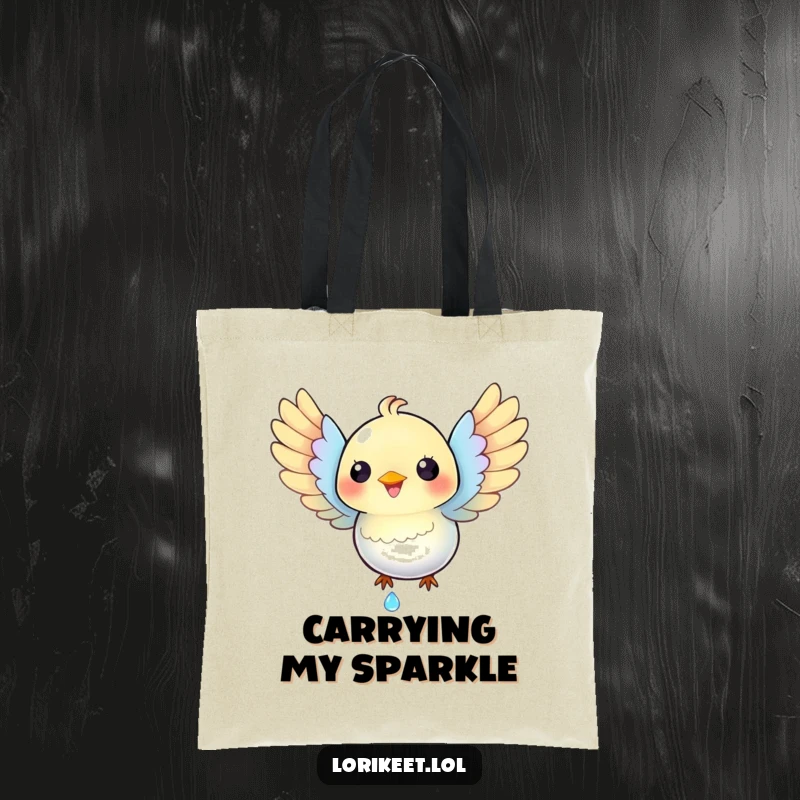 Funny Happy Bird Tote Bag: An iridescent bird with spread wings catches a sparkling dewdrop, featured on a funny tote.