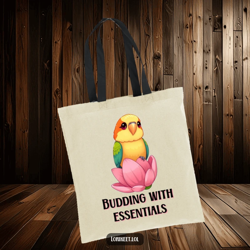 Funny Tote Bag with a lorikeet bird with bright, curious eyes perched on a giant flower bud, perfect for humorous carrying.