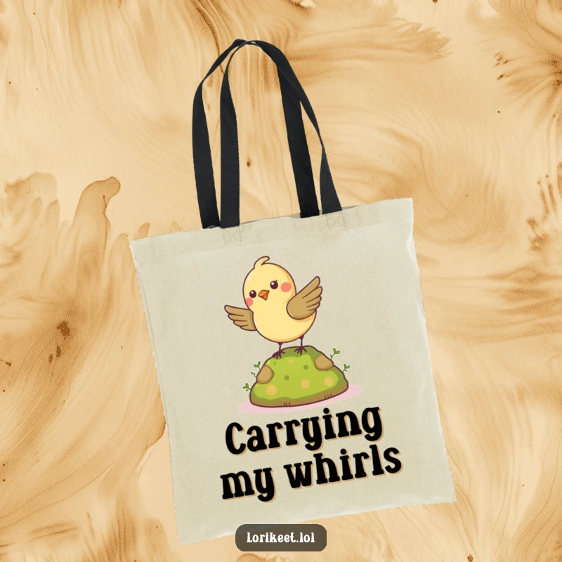 Funny Spinning Bird Tote Bag: A cheerful, petite bird spins energetically on a mossy mound, featured on a funny tote.