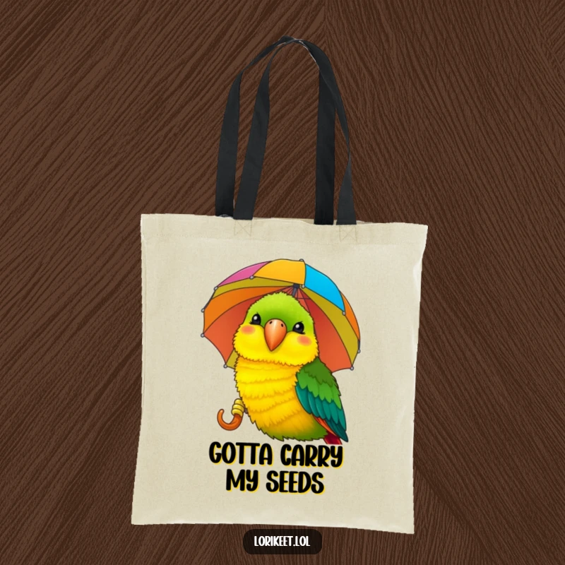 Funny Lorikeet Tote Bag: A smiling lorikeet pecks a striped umbrella, a humorous and practical accessory for carrying daily items.